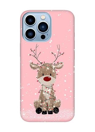 Матовый розовый чехол на apple iphone 13 pro max олень новый год (принт 429)