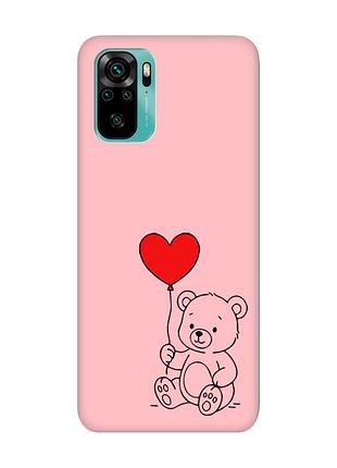 Матовый розовый чехол на xiaomi redmi note 10/note 10s медвежонок с сердечком (принт 431)