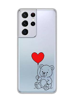 Прозрачный чехол на samsung galaxy s21 ultra медвежонок с сердечком (принт 431)