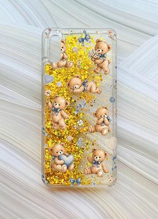 Чехол с плавающими золотыми блестками на xiaomi redmi 9a плюшевые медвежата (принт 430)