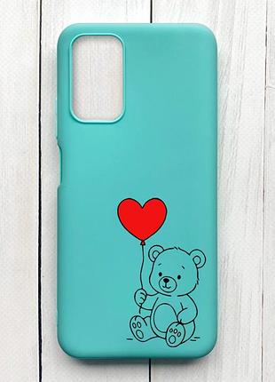 Матовый бирюзовый чехол на xiaomi redmi 9t медвежонок с сердечком (принт 431)