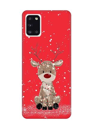 Матовый красный чехол на samsung galaxy a31 олень новый год (принт 429)