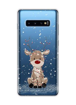 Прозрачный чехол на samsung galaxy s10 plus олень новый год (принт 429)
