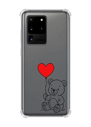 Чохол з потовщеними кутами на samsung galaxy s20 ultra ведмежатко з сердечком (принт 431)