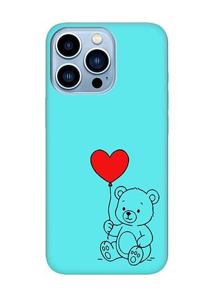 Матовый бирюзовый чехол на apple iphone 13 pro max медвежонок с сердечком (принт 431)