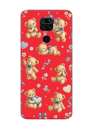 Матовый красный чехол на xiaomi redmi note 9 / 10x плюшевые медвежата (принт 430)