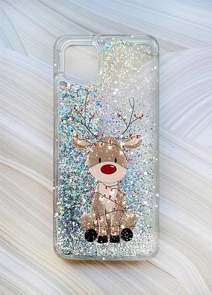 Чехол с плавающими серебряными блестками на samsung galaxy a04 олень новый год (принт 429)