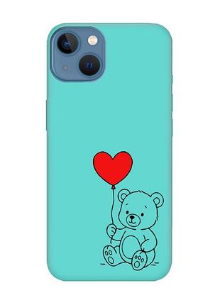 Матовый бирюзовый чехол на apple iphone 13 медвежонок с сердечком (принт 431)