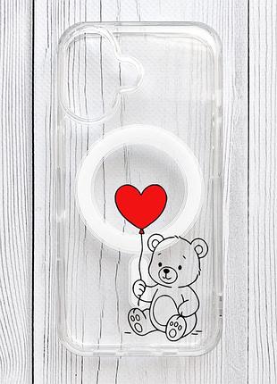 Магнитный чехол на iphone 16 с поддержкой magsafe медвежонок с сердечком (принт 431)