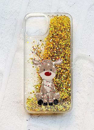 Чехол с плавающими золотыми блестками на iphone 14 олень новый год (принт 429)