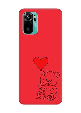 Матовый красный чехол на xiaomi redmi note 10/note 10s медвежонок с сердечком (принт 431)
