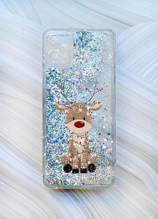Чехол с плавающими серебряными блестками на samsung galaxy a05 (a055) олень новый год (принт 429)