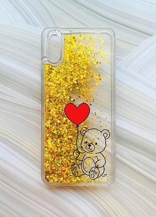Чехол с плавающими золотыми блестками на xiaomi redmi 9a медвежонок с сердечком (принт 431)
