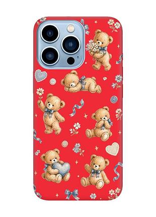 Матовий червоний чохол на apple iphone 13 pro max плюшеві ведмежата (принт 430)
