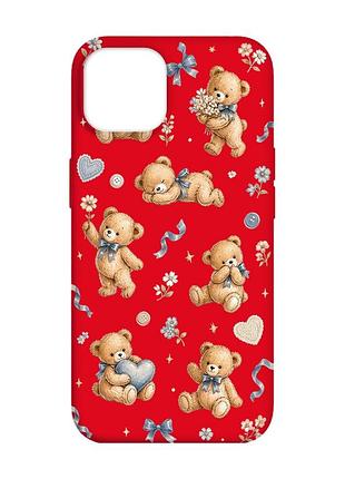 Матовий червоний чохол на apple iphone 14 плюшеві ведмежата (принт 430)