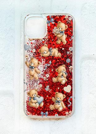Чохол з плаваючими червоними блискітками на iphone 11 плюшеві ведмежата (принт 430)