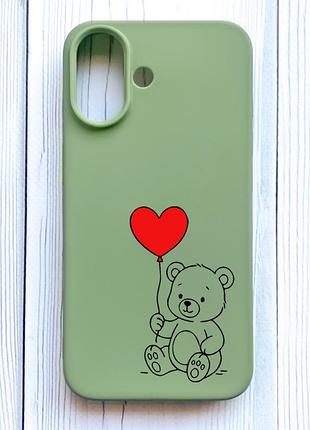 Матовий оливковий чохол на iphone 16 ведмежатко з сердечком (принт 431)