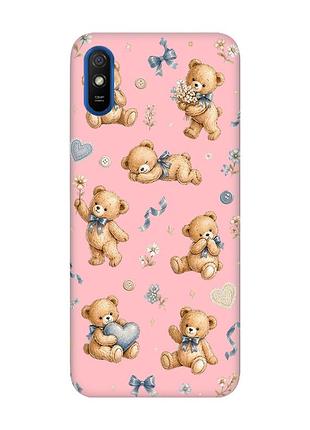 Матовый розовый чехол на xiaomi redmi 9a плюшевые медвежата (принт 430)