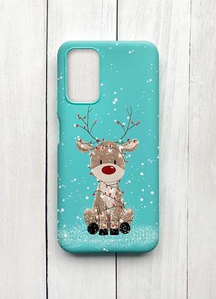 Матовый бирюзовый чехол на xiaomi redmi 9t олень новый год (принт 429)