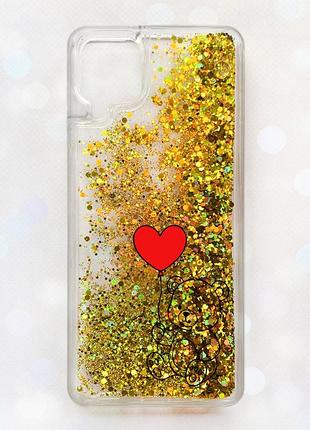 Чехол с плавающими золотыми блестками на samsung a12 медвежонок с сердечком (принт 431)