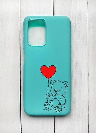 Матовий бірюзовий чохол на xiaomi redmi 10 ведмежатко з сердечком (принт 431)