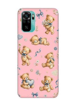 Матовый розовый чехол на xiaomi redmi note 10/note 10s плюшевые медвежата (принт 430)