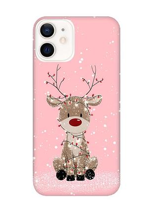 Матовый розовый чехол на apple iphone 12 / 12 pro (6.1) олень новый год (принт 429)