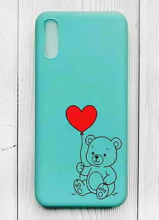 Матовий бірюзовий чохол на xiaomi redmi 9a ведмежатко з сердечком (принт 431)
