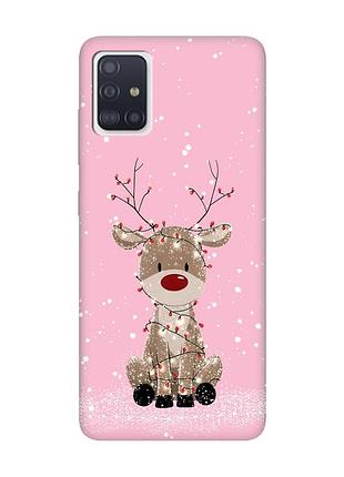 Матовый розовый чехол на samsung galaxy a51 олень новый год (принт 429)