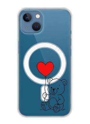 Магнитный чехол на iphone 13 (6.1) с поддержкой magsafe медвежонок с сердечком (принт 431)