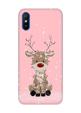 Матовый розовый чехол на xiaomi redmi 9a олень новый год (принт 429)