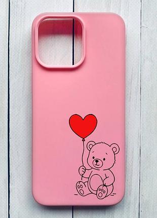 Матовый чехол на iphone 15 pro max розовый медвежонок с сердечком (принт 431)