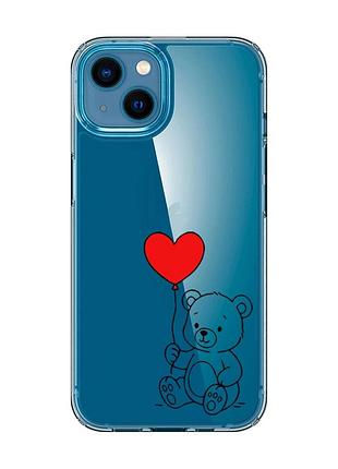 Прозрачный чехол на iphone 13 mini медвежонок с сердечком (принт 431)