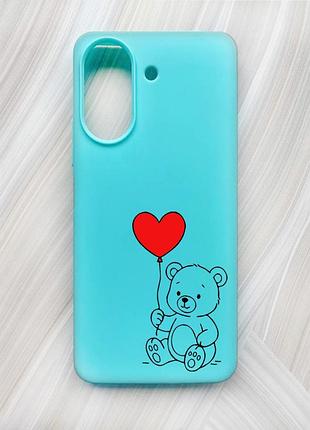 Матовый бирюзовый чехол на xiaomi redmi 13c / poco c65 медвежонок с сердечком (принт 431)