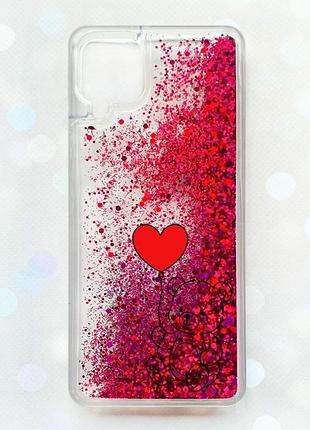 Чехол с плавающими розовыми блестками samsung galaxy a12 медвежонок с сердечком (принт 431)
