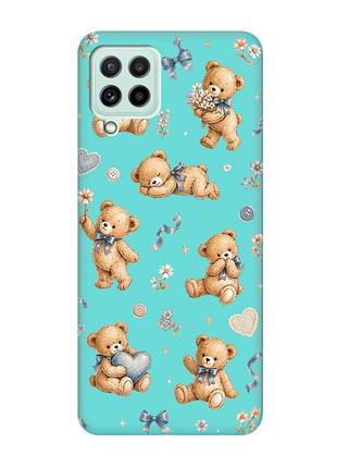 Матовый бирюзовый чехол на samsung galaxy m32/m22/a22 4g плюшевые медвежата (принт 430)