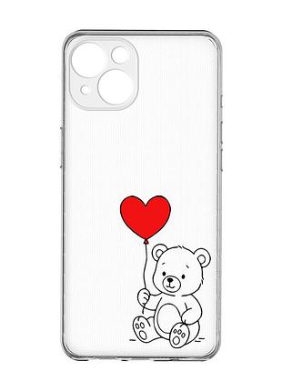 Прозорий чохол із захистом камер на iphone 15 ведмежатко з сердечком (принт 431)