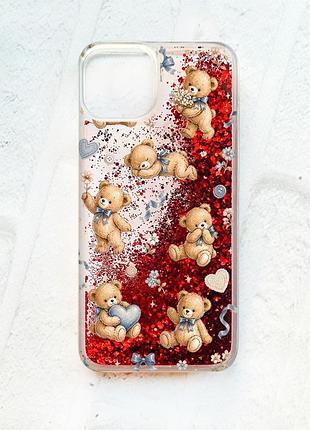 Чехол с плавающими красными блестками на iphone 13 плюшевые медвежата (принт 430)