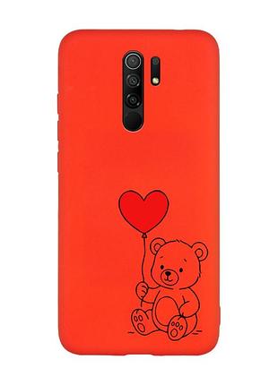 Матовый красный чехол на xiaomi redmi note 8 pro медвежонок с сердечком (принт 431)