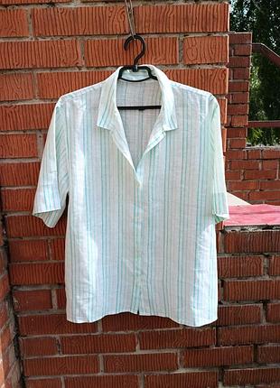 Лёгкая льняная рубашка в бирюзовую полоску (made in italy) — размер l/xl (42)