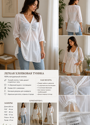 Лёгкая хлопковая туника из натурального батиста | легкая удлиненная блуза 100% хлопок