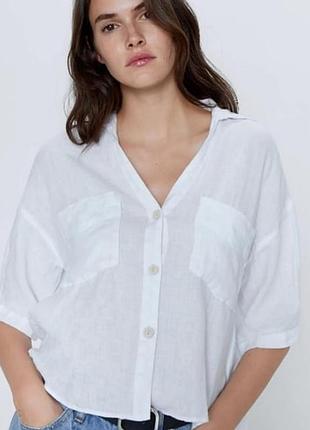Біла вкорочена сорочка з льону та віскози з коротким рукавом zara 
🤩🤩🤩🤩🤩🤩🤩🤩🤩🤩