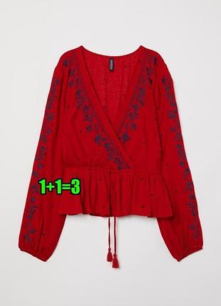 1+1=3 красная приталенная блуза рубашка вышиванка h&amp;m, размер 44 - 46