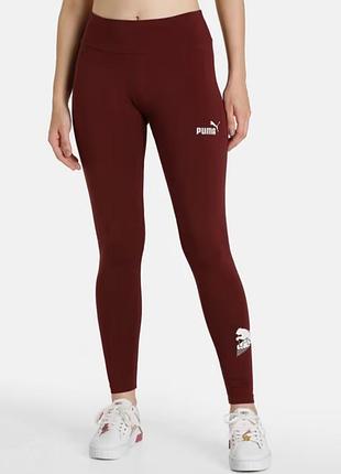 Жіночі спортивні легінси бордового кольору puma power graphic tights з фірмовими білими логотипами бренду