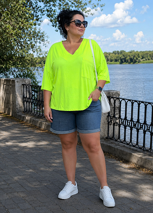 Р. 54-56/xxl–3xl футболка женская салатовая оверсайз с v-образным вырезом и карманом brandtex