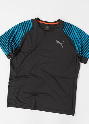 Чоловіча, спортивна футболка puma сірого кол з блакитними, смугастими рукавами. виготовлена з легкої, поліестерової тканини, яка добре пропускає повіт