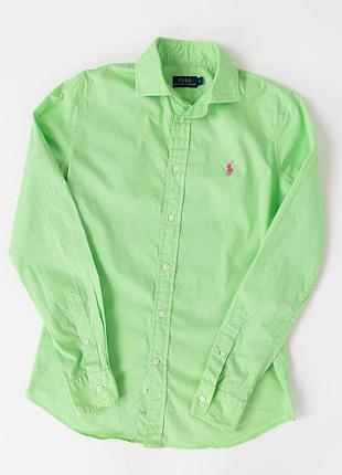 Жіноча сорочка ralph lauren яскраво-зеленого кольору з довгими рукавами та вишитим логотипом на грудях. виготовлена з поєднання бавовни та еластану,п
