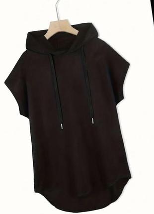 👕стильна ,чорна футболка-худі з капюшоном, оверсайз