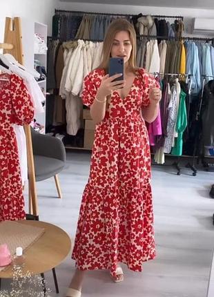 Платье сарафан длинная коттон в цветы принт цветочный красный zara xs s 8342/314