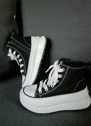 Дитячі чорні високі кеди на високій товстій підошві типу converse next розмір 33